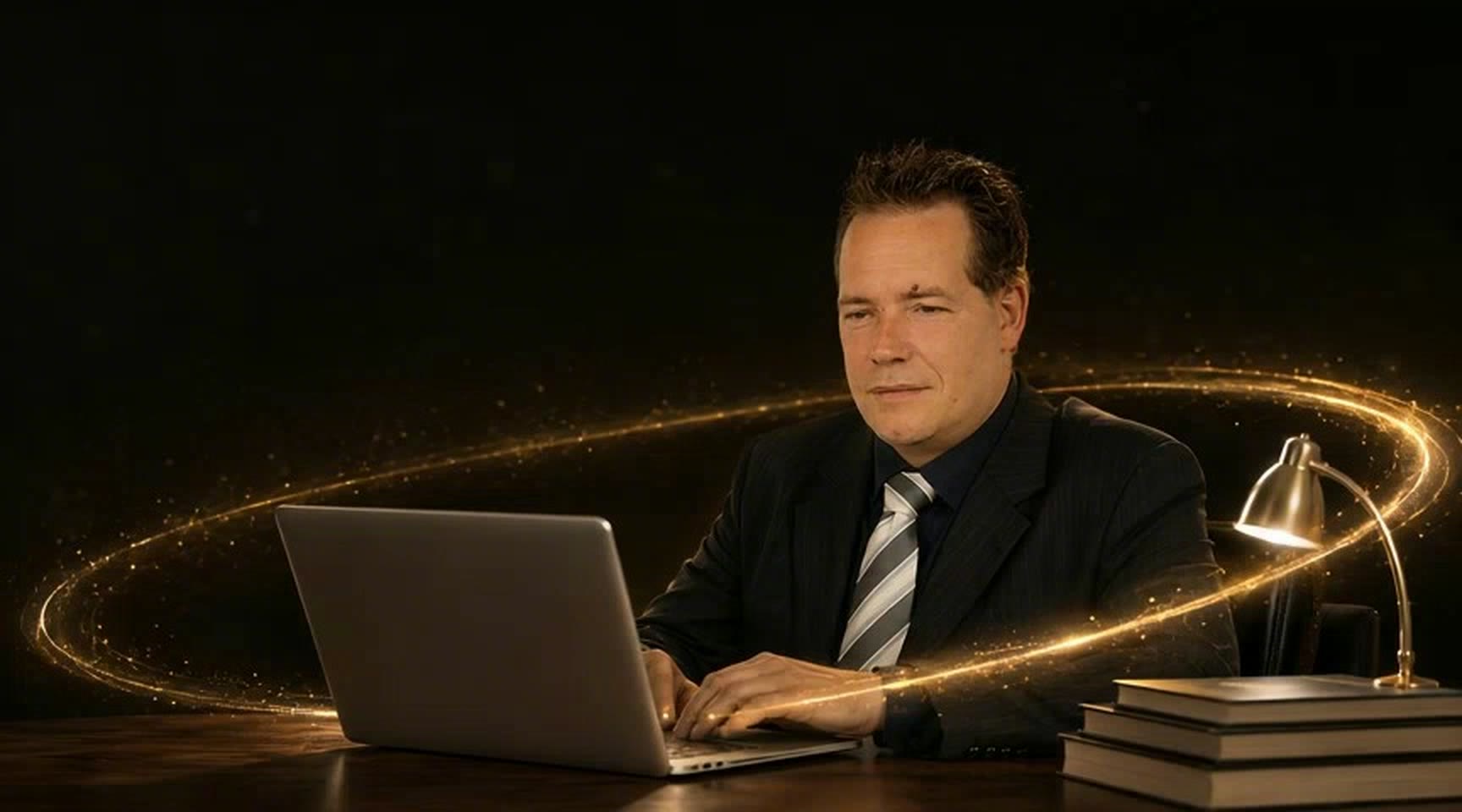 René Meilinger am Laptop, umkreist von einem goldenen Lichtband